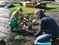 Lekker plantjes water geven (Kristiaan is
                          lekker 'verdiept' in de zandbak)